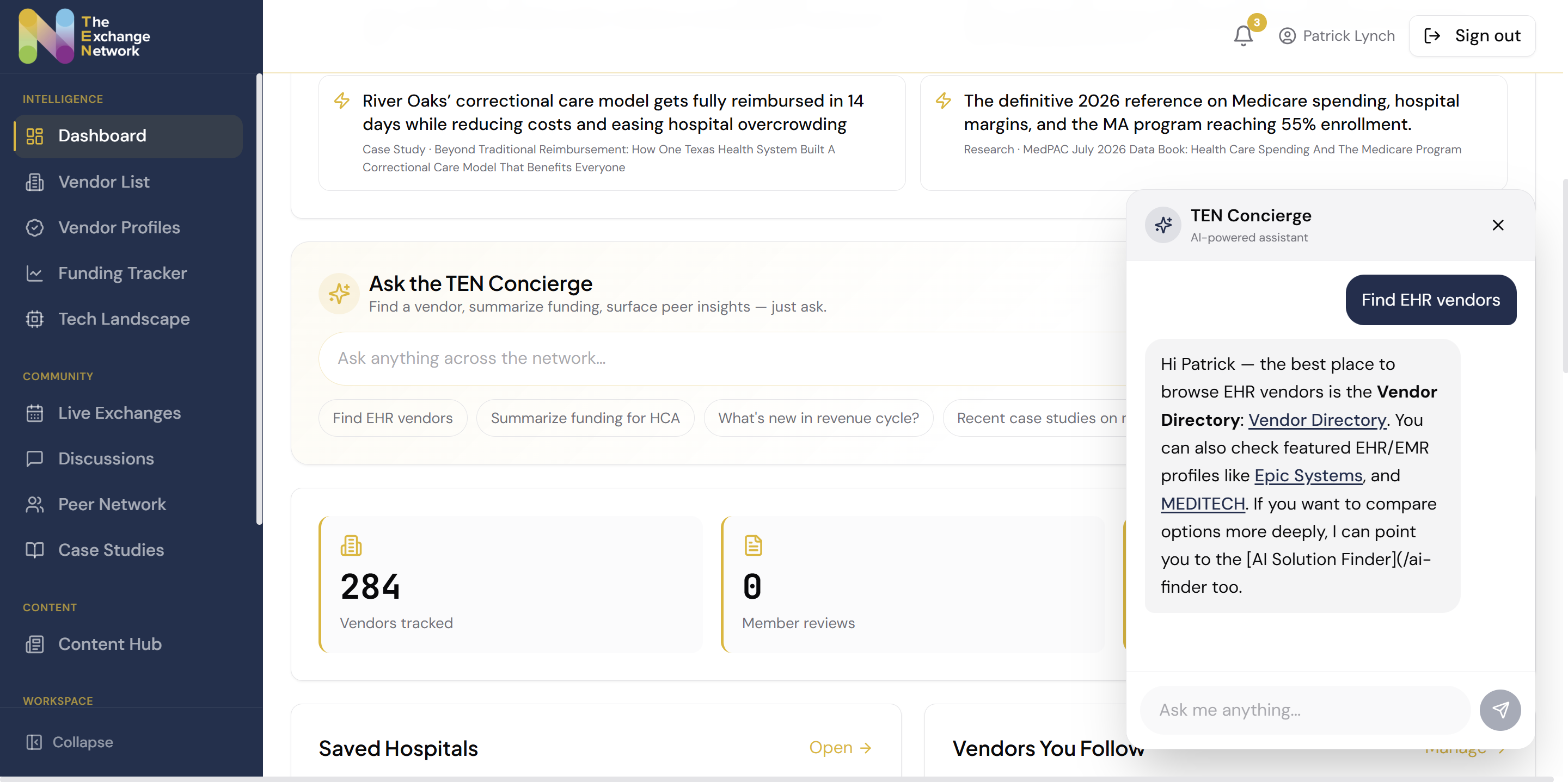 The Exchange Network AI concierge answering a member question about EHR vendors
