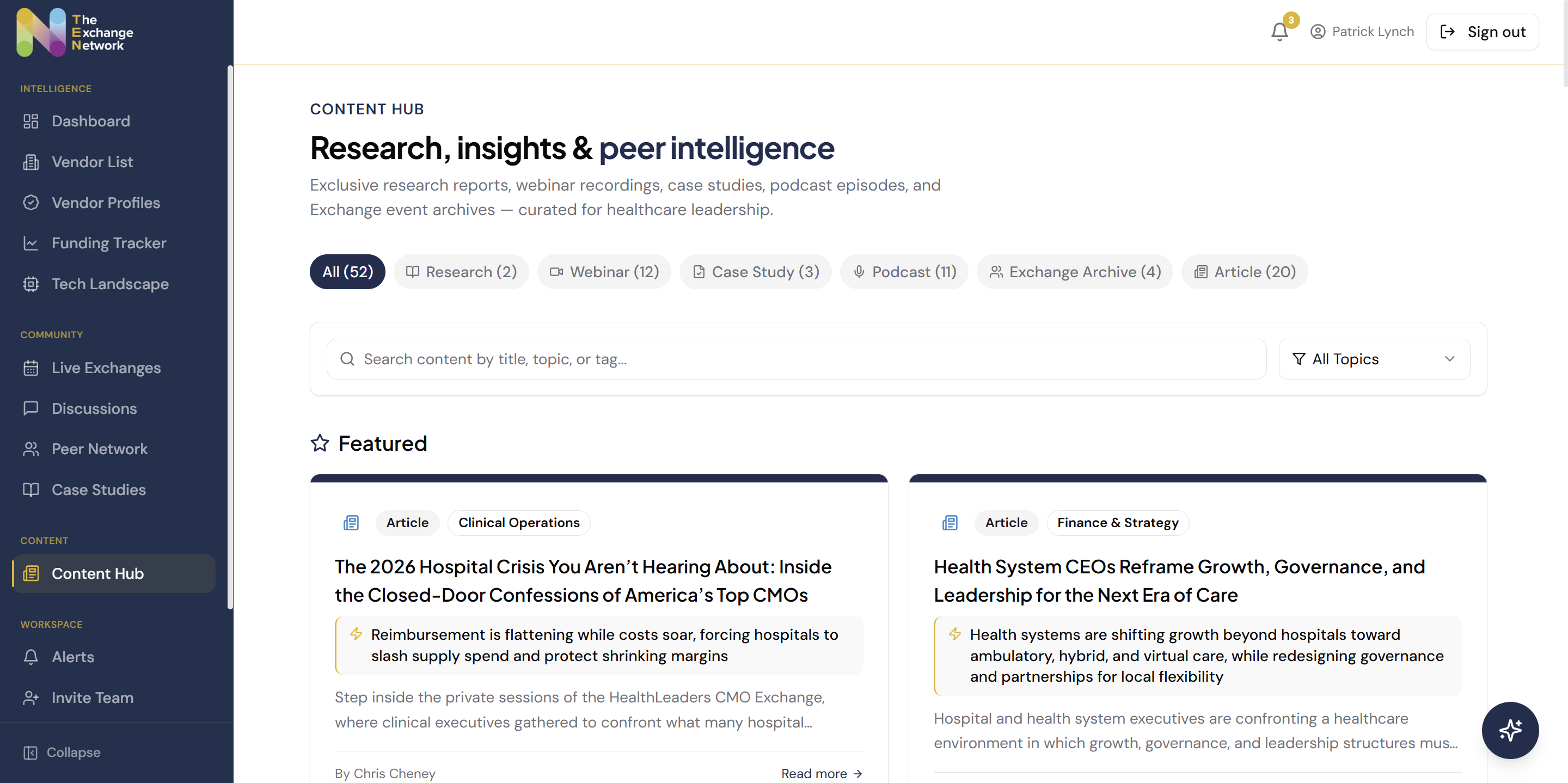 The Exchange Network content hub with 52 curated research reports, webinars, case studies and podcasts