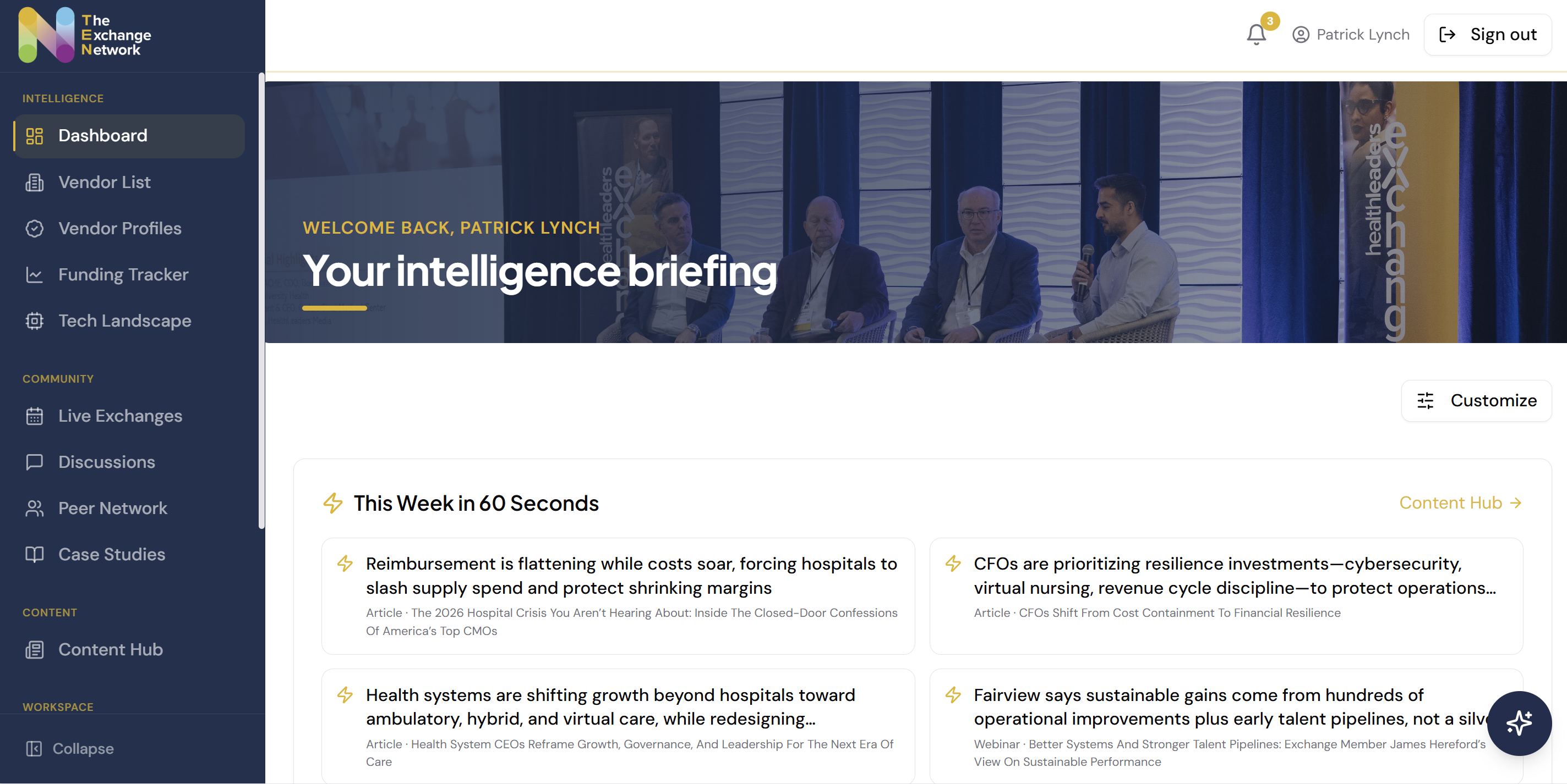 The Exchange Network member dashboard with a weekly “This Week in 60 Seconds” intelligence briefing