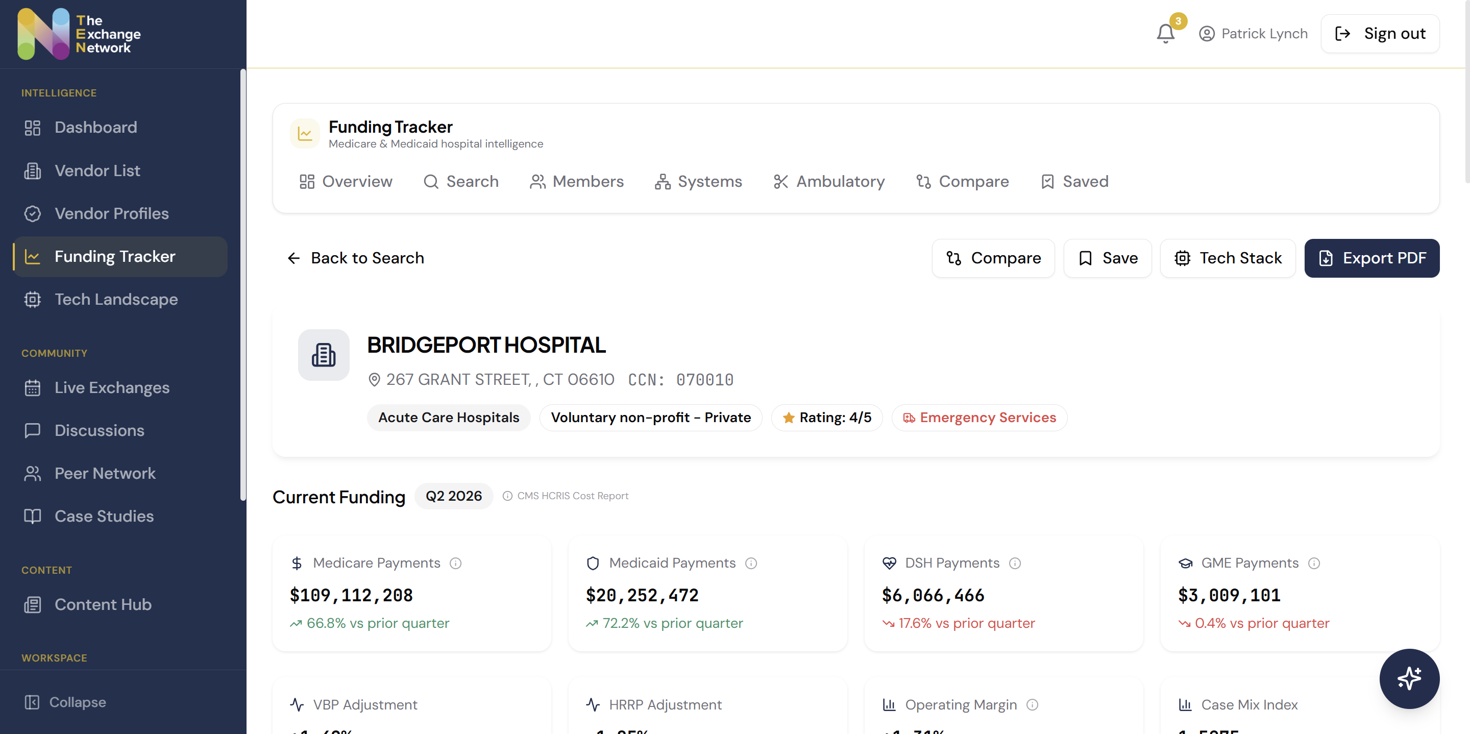A hospital funding profile with export to PDF