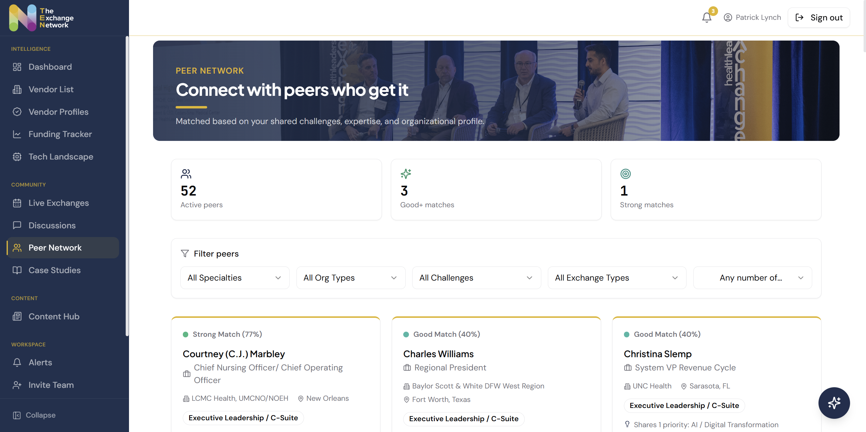The Exchange Network peer matching screen showing recommended executive connections