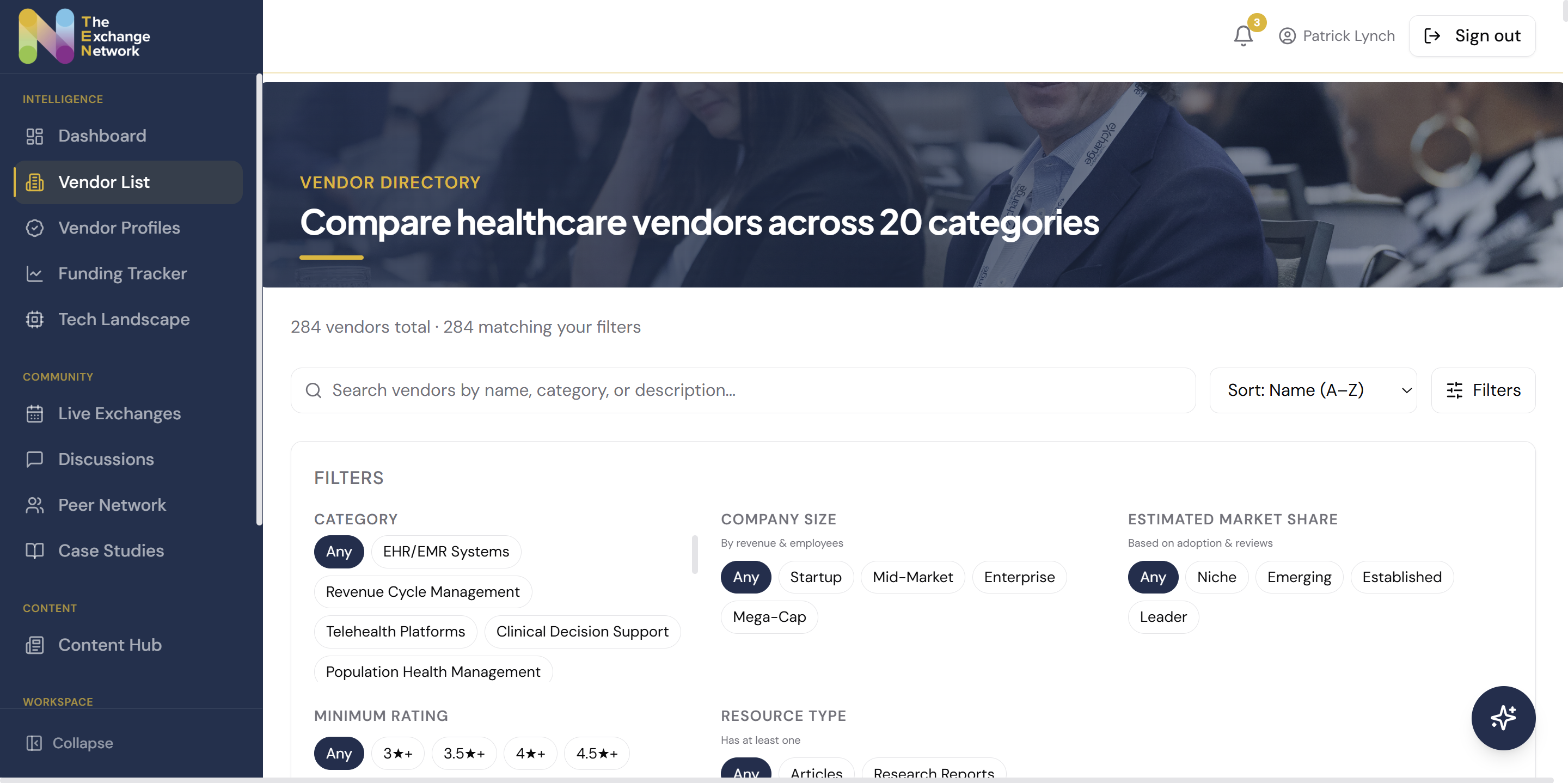 The Exchange Network vendor directory comparing 284 healthcare vendors across 20 categories